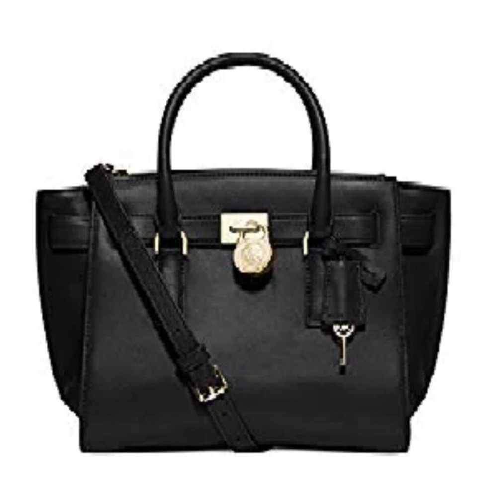 Michael Kors Black Leather Shoulder Bag with Gold Accent Lock & Key